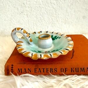 Vintage handmade in Italy ceramic hand painted pottery candlestick holder dish